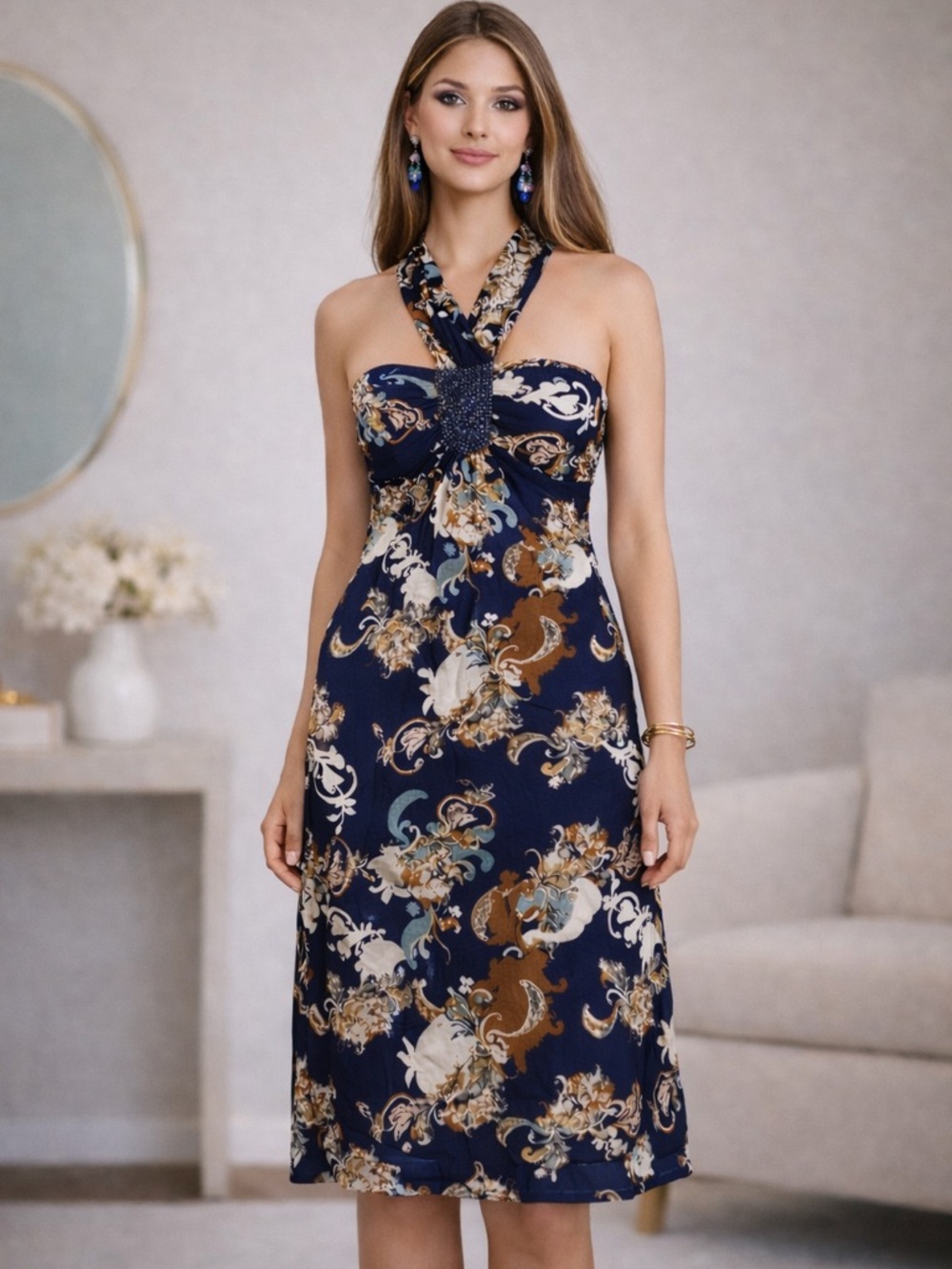 BCBG Paris Silk Halter Dress/Beaded Detail/Cocktail/Vacation